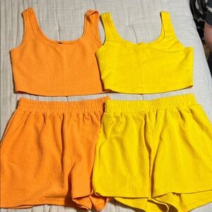 SHEIN Orange and Yellow Ribbed Tank and Shorts Set
